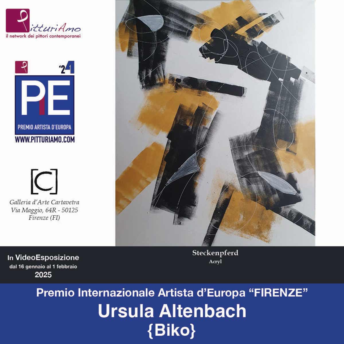 Exhibition of the artwork "Steckenpferd" by contemporary artist Ursula Altenbach (Biko) at the Cartavetra Gallery, Florence, on the occasion of the 2024 Artist of Europe Award
