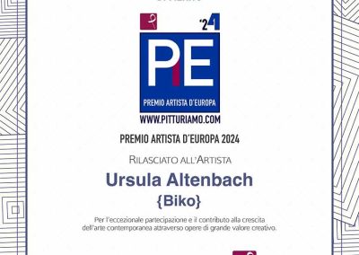 Certificate of artistic merit awarded to contemporary artist Ursula Altenbach (Biko) on the occasion of the 2024 Artist of Europe Award